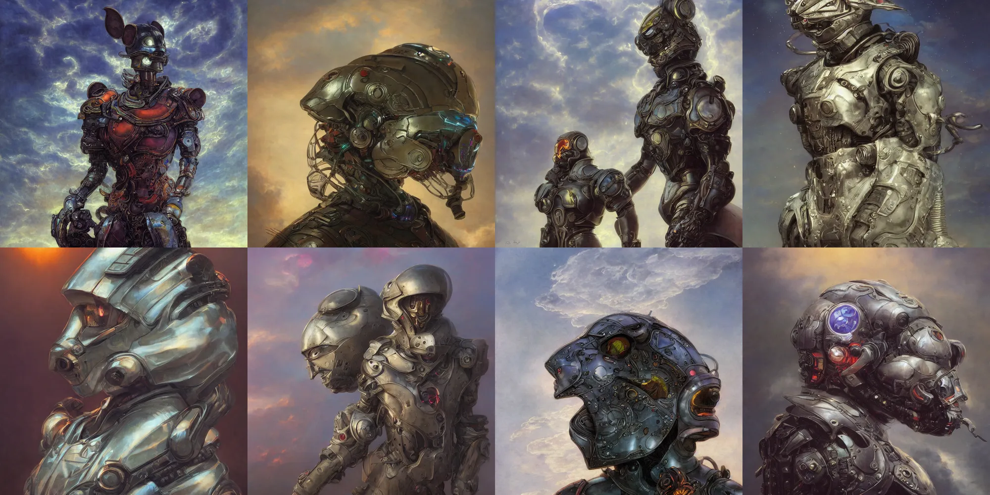 Image similar to portrait of epic anthropomorphic mouse cyborg neon armor, in clouds, cinematic studio light, windy, sunrise, wlop, by gerald brom, by mikhail vrubel, by peter elson, muted colors, extreme detail, trending on artstation