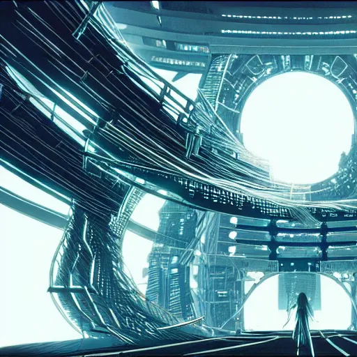 Image similar to Circle portal structure among cyberpunk Tokyo in style of Tsutomu Nihei. Cyberpunk, vertical symmetry, 8K, Highly Detailed, Intricate.