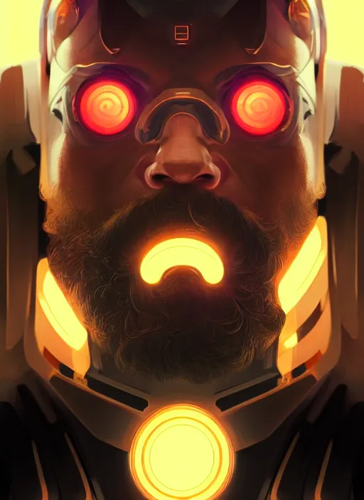 Image similar to symmetry portrait of torbjorn from overwatch, closeup, sci - fi, tech wear, glowing lights intricate, elegant, highly detailed, digital painting, artstation, concept art, smooth, sharp focus, illustration, art by artgerm and greg rutkowski and alphonse mucha