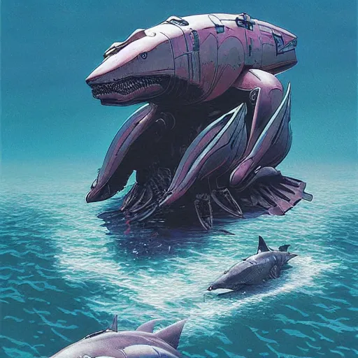 Image similar to aquatic mecha with a shark face, amphibious mobile suit by wayne barlowe, pascal blanche, victo ngai