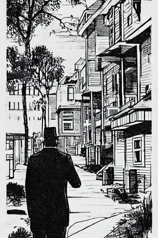 Image similar to a 5 0's detective coming home, residential neighborhood