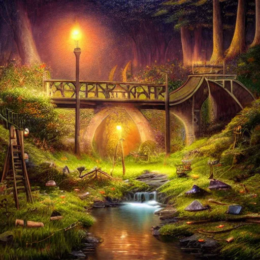 Image similar to painting, high detail, woodland village, night, fantasy, crescent moon, stone paths, bridge, water stream, luminous, toadstools, fireflies, fantasy,, flowers, lanterns, mist, highly detailed painting, fine lines, 8 k realistic, sharp focus