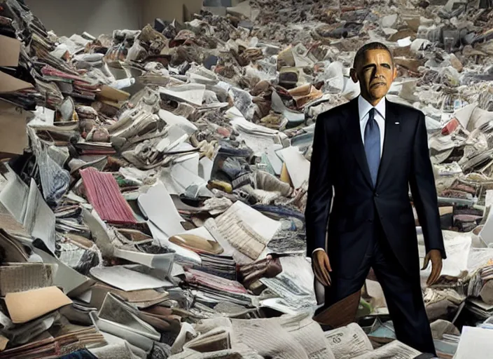 Image similar to obama nervously standing by a mountain of papers, film still in the new batman movie, 4 k