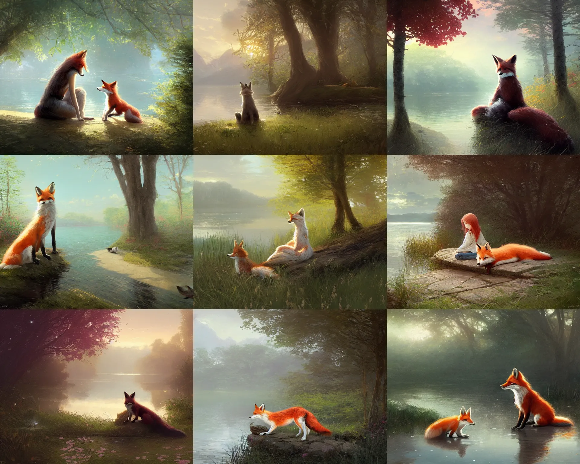 Prompt: a young girl and her pet fox sit by the beautiful lake, illustration by greg rutkowski, thomas kindkade, artstation, furaffinity, deviantart, furry art