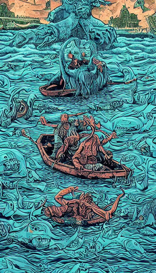 Prompt: man on boat crossing a body of water in hell with creatures in the water, sea of souls, by dan mumford,