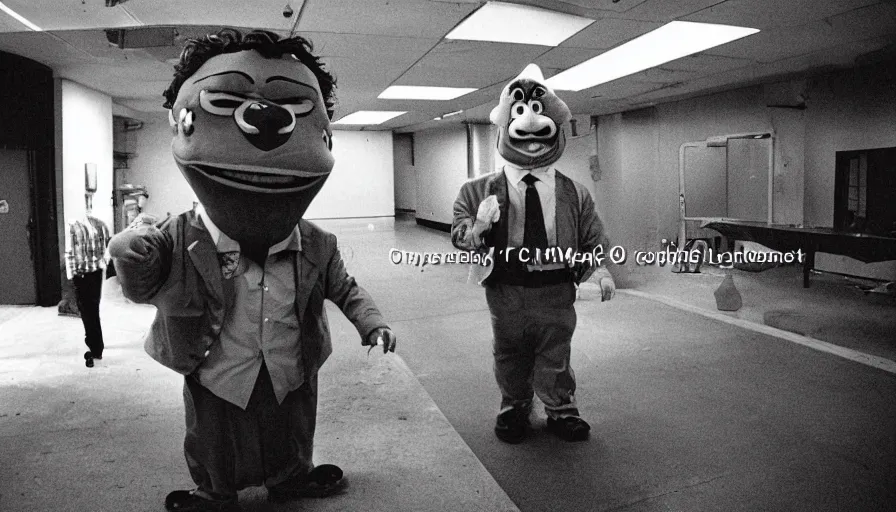 Image similar to 1990s candid 35mm photo of a beautiful day at the office, cinematic lighting, cinematic look, golden hour, a man is working at his cubicle when his very large and serious costumed mascot boss yells at him, large angry mascot face screaming at working man, man is dreaming of escaping through a tunnel in the floor, the tunnel has cinematic light beams shining out of it, UHD