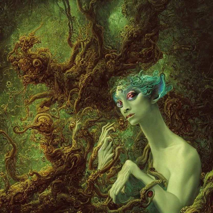 Prompt: a close - up rococo portrait of an iridescent alien elf - like creature with futuristic features standing in water, moss, and swamp. night time. rich colors, high contast. gloomy, highly detailed 1 8 th century sci - fi fantasy masterpiece painting by jean - honore fragonard, moebius, and johfra bosschart. artstation