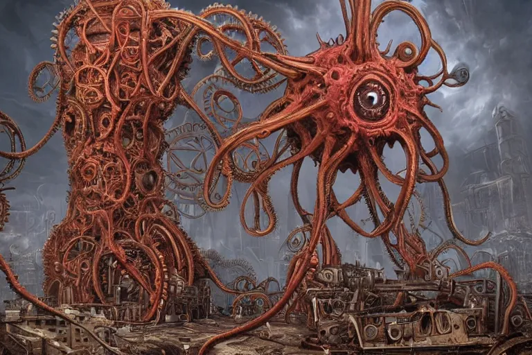 Image similar to lovecraftian biomechanical machine - tower with fleshy tendrils and eyeball at top overlooking dystopian wasteland, highly detailed, colorful with red hues