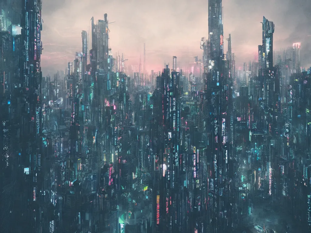 Image similar to large mega corp buildings dominate the skyline at dusk, cyberpunk art by liam wong, cgsociety, retrofuturism, futuristic, cityscape, dystopian art