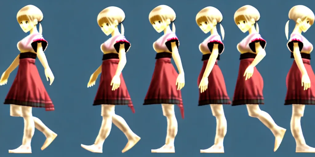 Image similar to 3 d walking cycle sprite sheet of a girl in a peasant clothes, walking to the right, each sprite is a different frame of the animation, in the style of final fantasy games, side view of her taking steps, accurate walk cycle, walk cycle, walk cycle, always wearing the same clothes