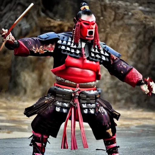 Image similar to big buff strong very buff samurai wearing an oni mask, movie still