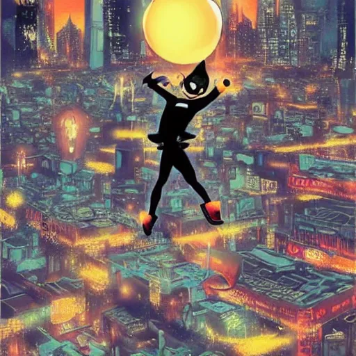 Prompt: “Astro Boy Demon nº625 Manga cover with an illustration of astroboy flying over a big messy luminous city, bird eyes view of the city, full of japanese signs, Ashley wood style, dynamic composition, printed on paper”