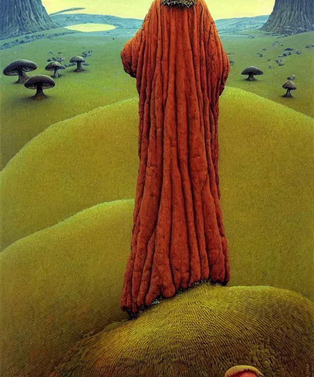 Prompt: A detailed funguswoman stands among the mushroom hills. Wearing a ripped mantle, robe. Perfect faces, extremely high details, realistic, fantasy art, solo, masterpiece, art by Norman Rockwell, Zdzisław Beksiński