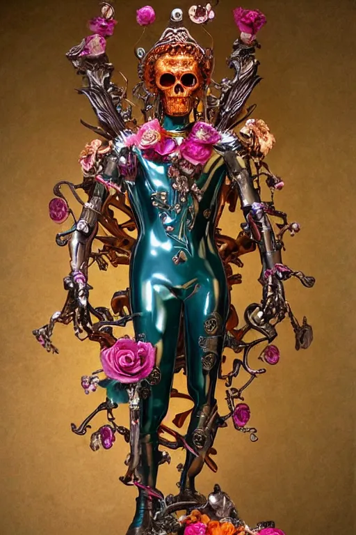 Image similar to a young handsome Spanish metal android with a large glowing pink lit crystal in the center of his chest, full-body bronze cyberpunk style statue of Icarus with glowing red eyes, crown of mechanical peach roses, flowing teal-colored silk, fabric, steampunk flowers. baroque elements, human skull. full-length view. baroque element. intricate artwork by caravaggio. many flying horses on background. Trending on artstation, octane render, cinematic lighting from the right, hyper realism, octane render, 8k, depth of field, 3D