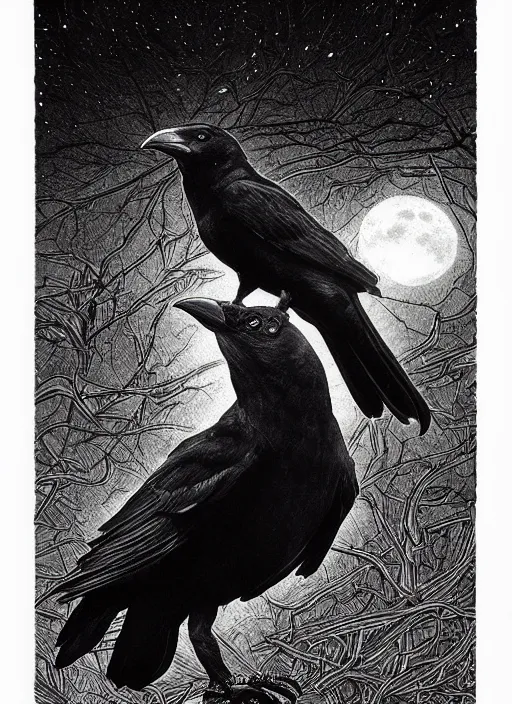 Image similar to portrait, A crow in front of the full big moon, book cover, red white and black colors, establishing shot, extremly high detail, foto realistic, cinematic lighting, pen and ink, intricate line drawings, by Yoshitaka Amano, Ruan Jia, Kentaro Miura, Artgerm, post processed, concept art, artstation, matte painting, style by eddie mendoza, raphael lacoste, alex ross