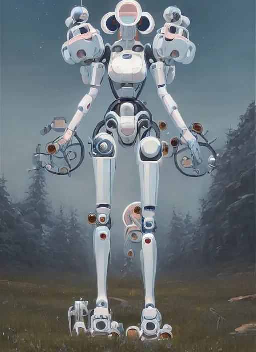 Prompt: an intricate oil painting of a giant pristine white anime humanoid feminine mecha with rounded components by simon stalenhag, inspired by nier : automata, clean white lab background