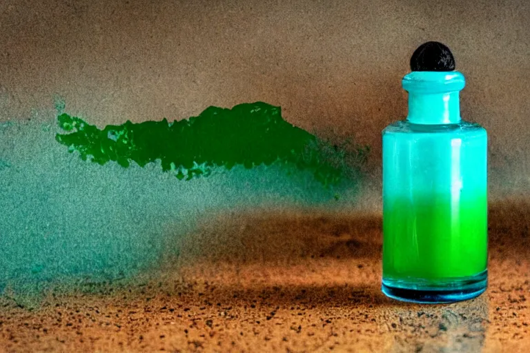 Image similar to small potion with a cork top filled with a green and turquoise gradient liquid, on a desk, old film photo