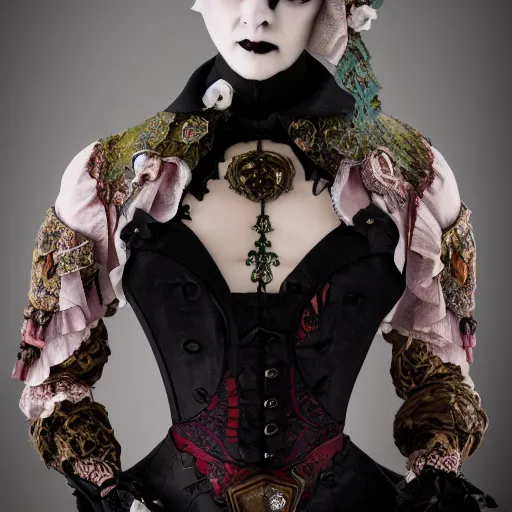 Image similar to gothic cyborg victorian bizzare porcelain woman with artnouveau garment and ornaments sharp focus 8 k