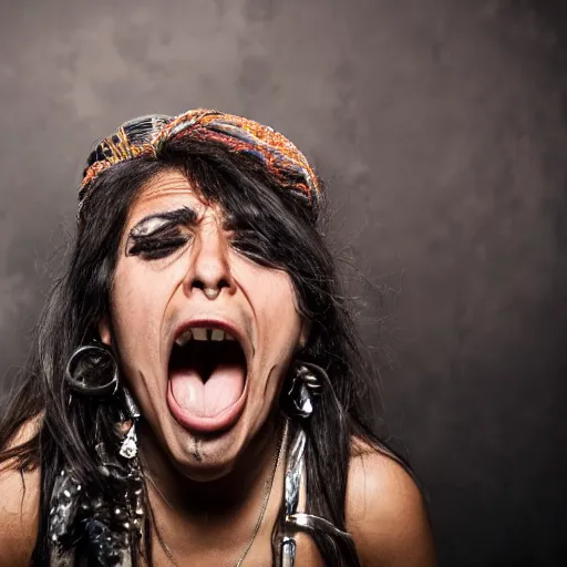 Prompt: a gipsy woman screaming in a metal band, award - winning photograph