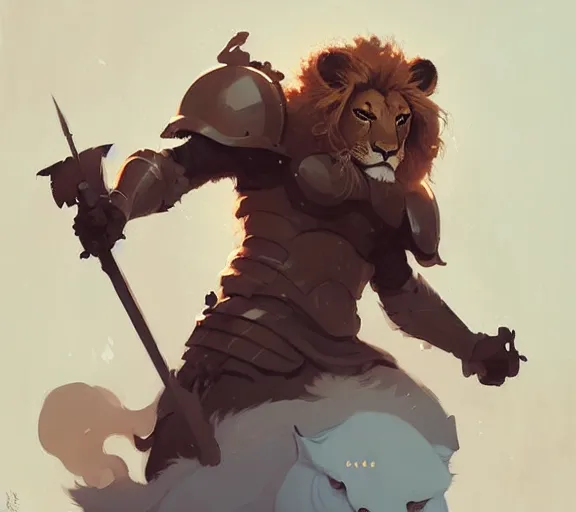 Image similar to portrait of lion knight, fantasy, by atey ghailan, by greg rutkowski, by greg tocchini, by james gilleard, by joe fenton, by kaethe butcher, by ashley wood, dynamic lighting, gradient light blue, brown, blonde cream and white color scheme, grunge aesthetic