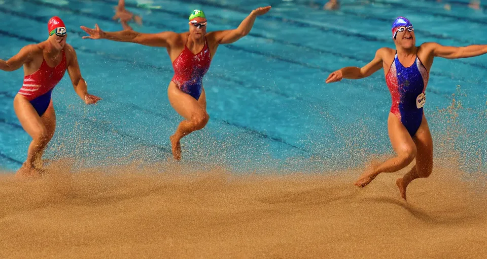 Image similar to olympic swimming in sand instead of water, extremely coherent, motion blur