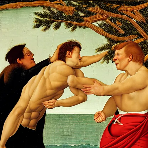 Image similar to conan o'brien and andy richter wrestling, by sandro botticelli, oil on canvas