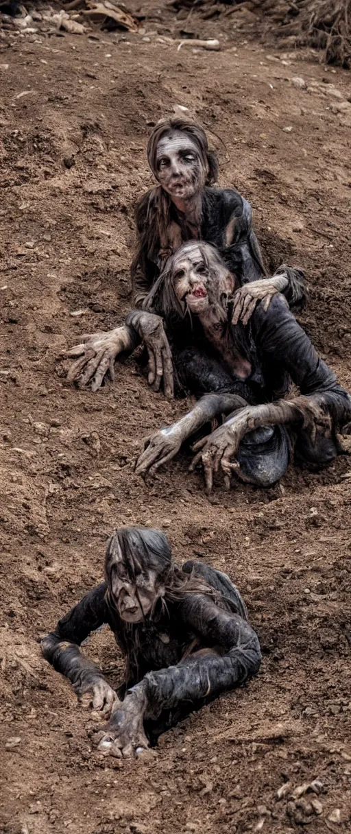 Prompt: an 8 k hdr photo of a dirty scraggy witch who has broken limbs and is bent up and curled hunched over on the ground in a sick beast dirt hole lookin up shy at us