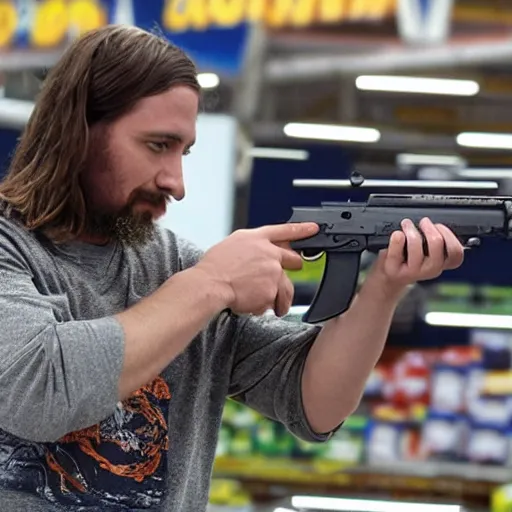 Image similar to Jesus aiming with an Ak-47 in a Walmart