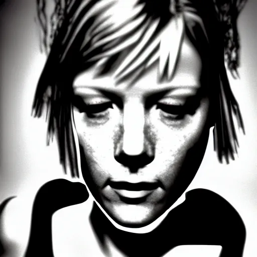 Image similar to close up portrait of heather mason in silent hill 3, on stage at heaven's night nightclub, 8 k, realistic,, richard avedon photography