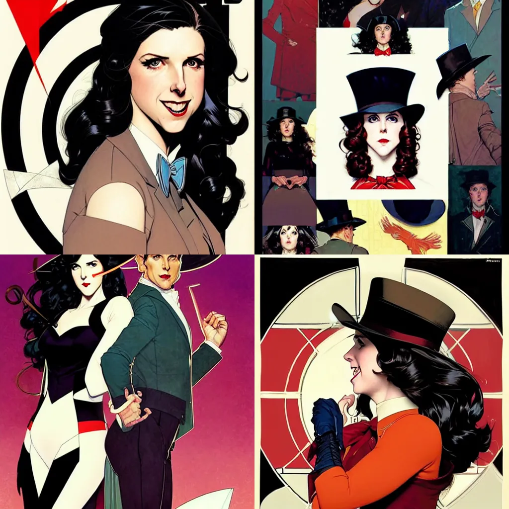 Prompt: Joshua Middleton comic art, Norman Rockwell, David Baldeon art:: pretty female Anna Kendrick Zatanna DC Comics magician, coy smile, symmetrical face, symmetrical eyes, long black hair with tophat, full body:: on stage::