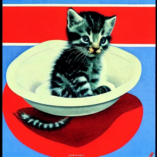 Image similar to baby kitten on a bowl of soup, soviet union poster propaganda