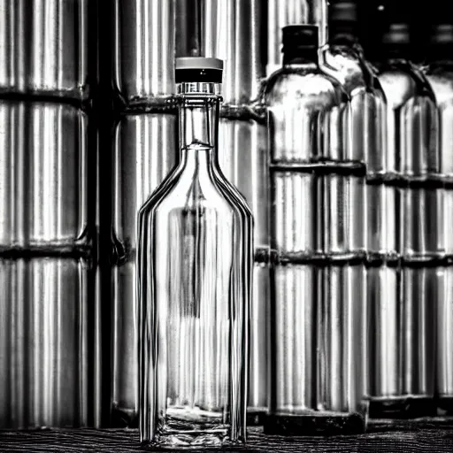 Prompt: an award - winning photo of a translucent glass vodka bottle in the shape and style of a propane cylinder in a grungy warehouse, dramatic lighting, sigma 2 4 mm, wide angle lens, ƒ / 8, are. na