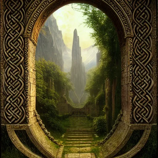 Image similar to a beautiful and highly detailed matte painting of an ancient celtic elven doorway to heavan, celtic knots, epic scale, insanely complex, hyperdetailed, sharp focus, hyperrealism, artstation, cgsociety, 8 k, by caspar friedrich, albert bierstadt, james gurney, brian froud,