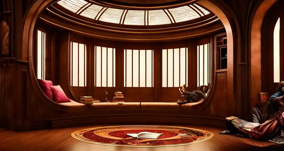 Image similar to An incredibly beautiful scene from a 2022 Marvel film featuring a cozy art nouveau reading nook. 8K UHD.