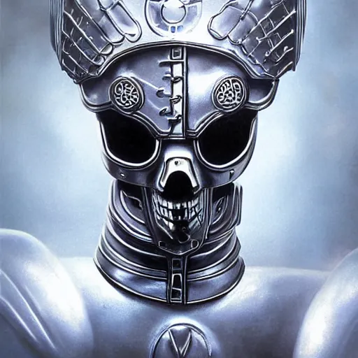 Image similar to high fantasy 1 9 8 0's wargame airbrushed artwork, a giant silver reflective chrome android wearing a mask shaped like an intricately carved beautiful human skull with a giant red pentagram on top and shiny glowing red demonic eyes, shiny black latex armor, inside a futuristic army base