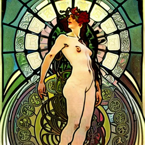 Prompt: photo of organic cyborg by alphonse mucha