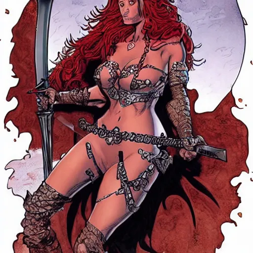 Prompt: Red Sonja wielding a huge sword, with a dead monster at her feet. J. Scott Campbell