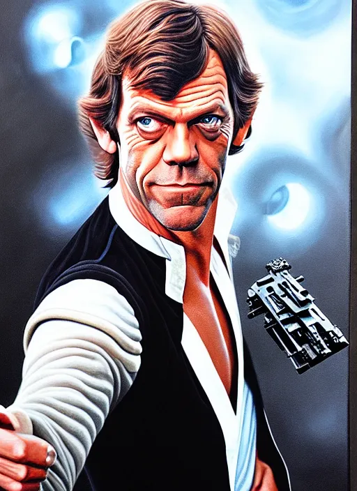 Image similar to upper body portrait of hugh laurie as han solo in star wars from 1 9 7 7, wearing han solo's clothes, wearing a black vest and a white shirt, hyperrealistic, very detailed painting by glenn fabry, by joao ruas, by artgerm
