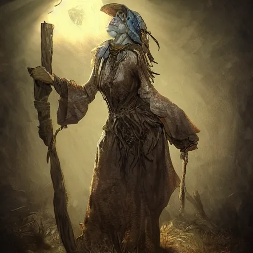 Prompt: old crone, full body, in old wooden hut, rotted teeth, mystical, volumetric lighting, super detailed intricate, in the style of Filipe Pagliuso on Artstation