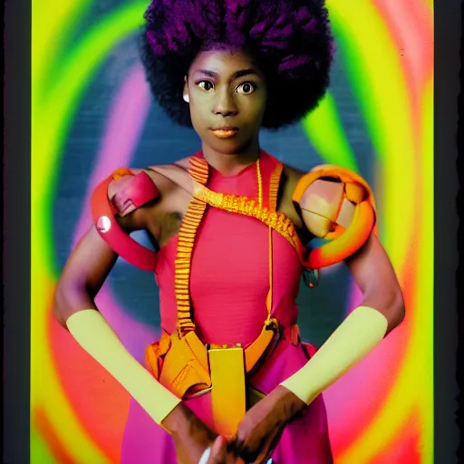 Prompt: head and shoulders portrait of an afrofuturism anime magical girl, color Graflex photograph