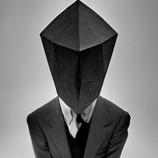 Prompt: A man whose head is shaped like an octahedron, 8k Leica photograph