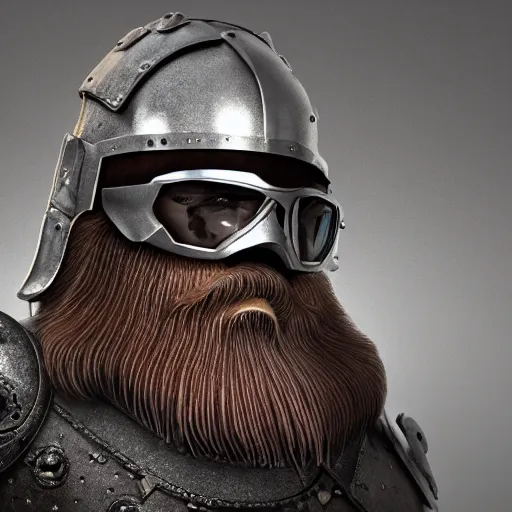 Prompt: highly detailed octane render of a close up portrait of an ugly man with a beard wearing goggles and armour and looking concerned in a cave