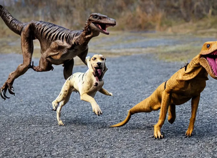 Image similar to photo of a dog and a velociraptor playing together