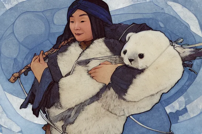 Image similar to a Inuit hauling a baby harp seal in a net, gray and blue and white colors, water color, art by artgerm and greg rutkowski and alphonse mucha and jin xiaodi and anthony devine