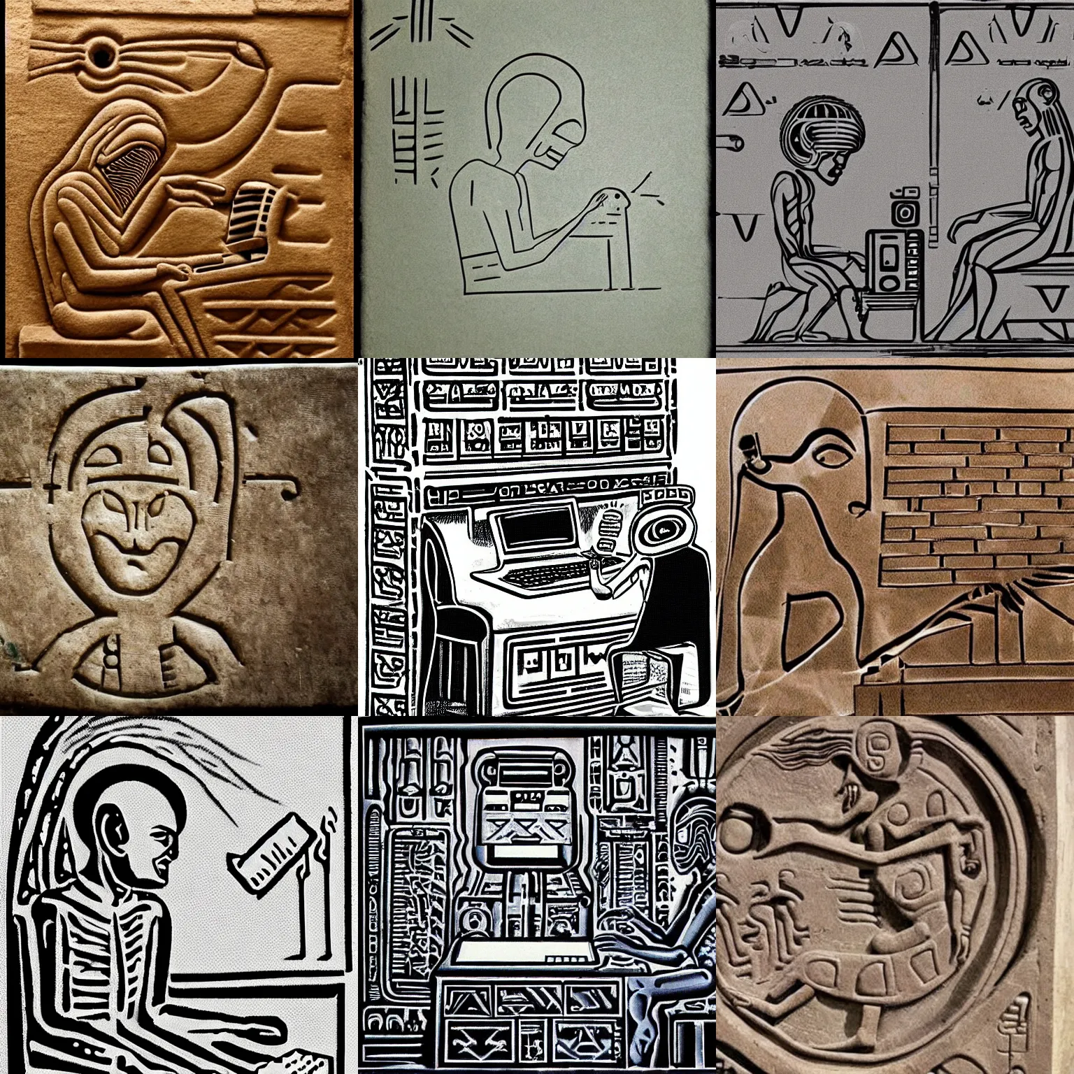 Prompt: an alien working on a computer, ancient sumerian carving