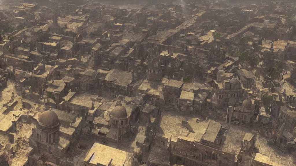 Prompt: 3d rendering of the medieval city of Constantinople, influenced from Assassin's Creed: Revelations, market place, Hagia Sophia in the back, foggy atmosphere, volumetric lighting, fantasy artwork, very beautiful scenery, very realistic painting effect, hd, hdr, unreal engine 5, cinematic 4k wallpaper, 8k, ultra detailed, high resolution, artstation