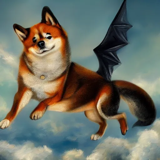 Image similar to an oil painting of a shiba inu with dragon wings, hd, artstation, 4 k wallpaper