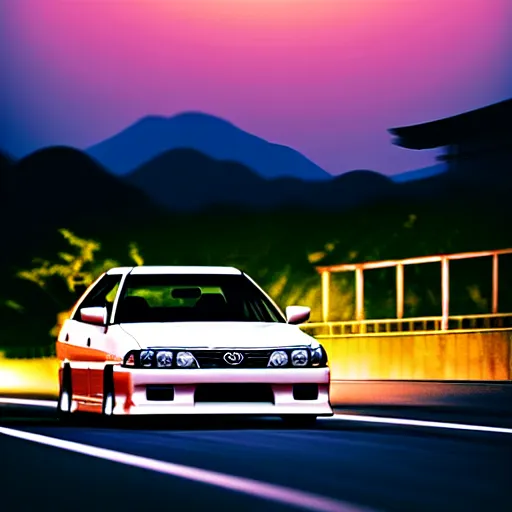 Prompt: a car drifting Toyota JZX100 in middle of road, gunma prefecture, city sunset, cinematic color, photorealistic, highly detailed, bokeh