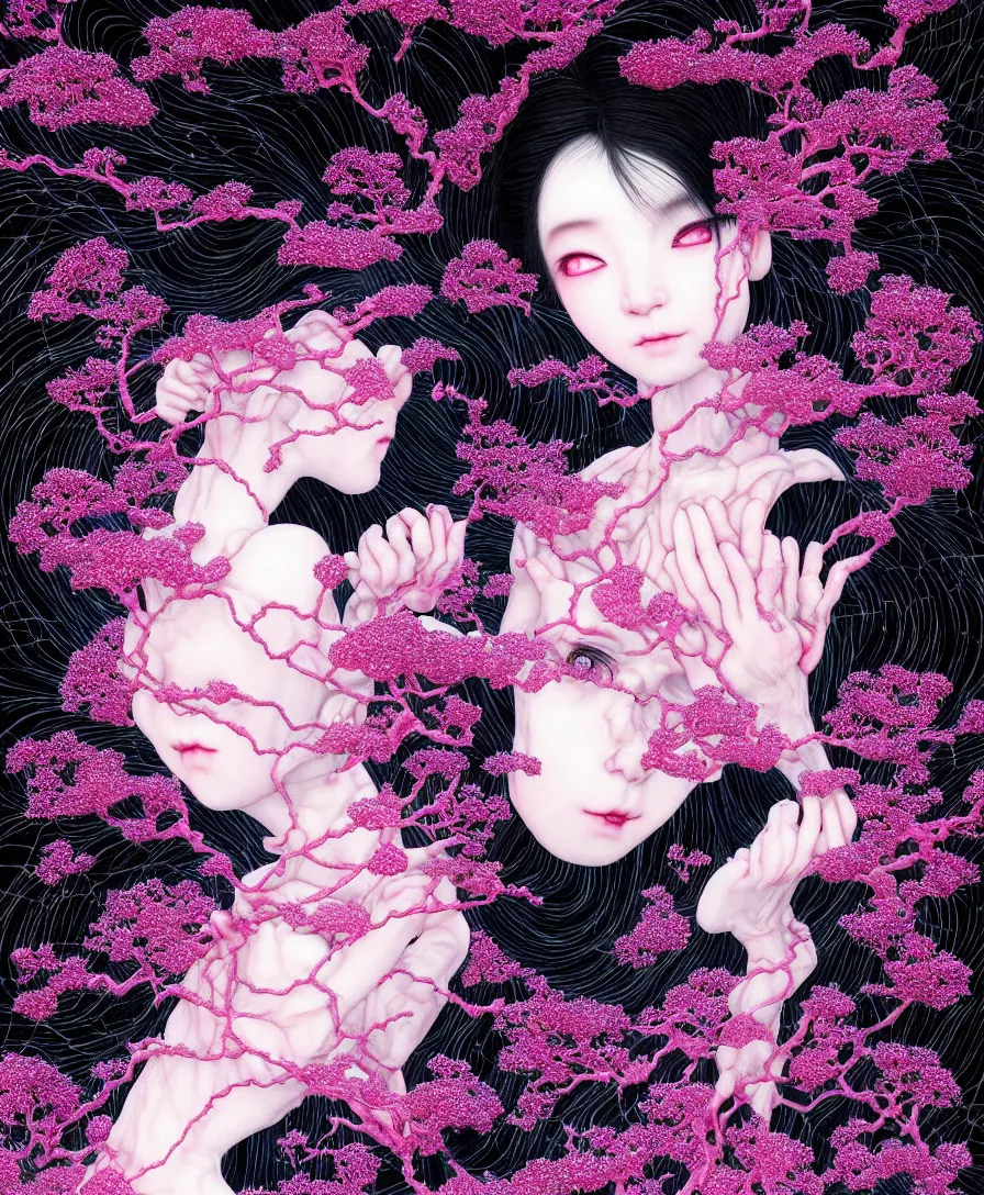 Prompt: hyper detailed 3d render like a Oil painting - kawaii portrait Aurora demon (ancient black haired Fae acrobat) seen Eating of the Strangling network of yellowcake aerochrome and milky Fruit and Her delicate Hands hold of gossamer polyp blossoms bring iridescent fungal flowers whose spores black the foolish stars drawn by Takato Yamamoto and Katsuhiro Otomo, full body character drawing, inspired by Evangeleon, clean ink detailed line drawing, intricate detail, extremely detailed, 8k