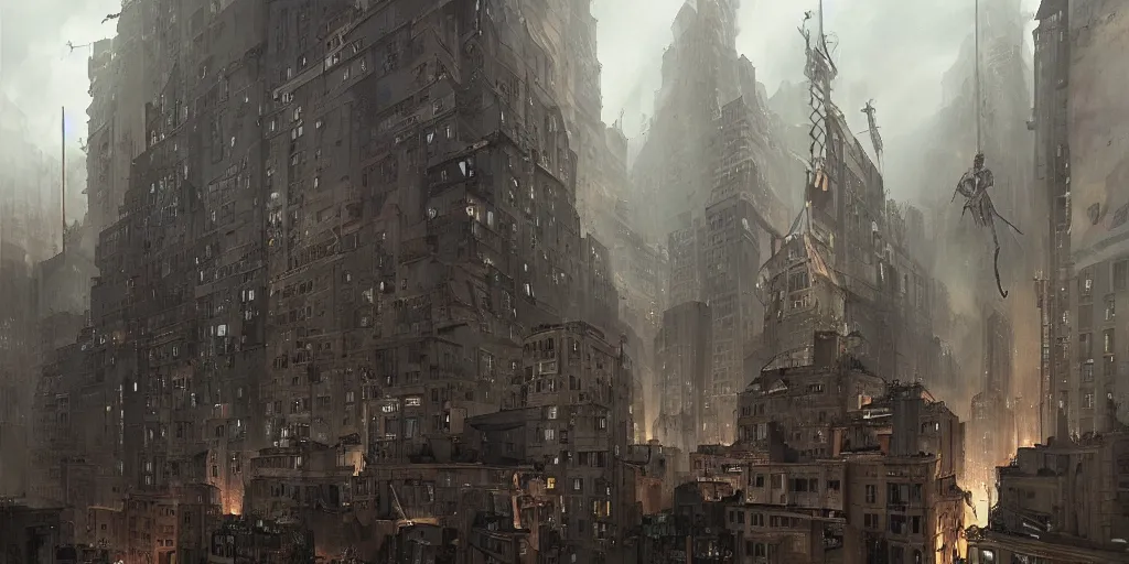 Image similar to New york occupied by the wehrmacht, svastika flag hanging from the buildings, dark sci-fi, matte painting, style of peter mohrbacher